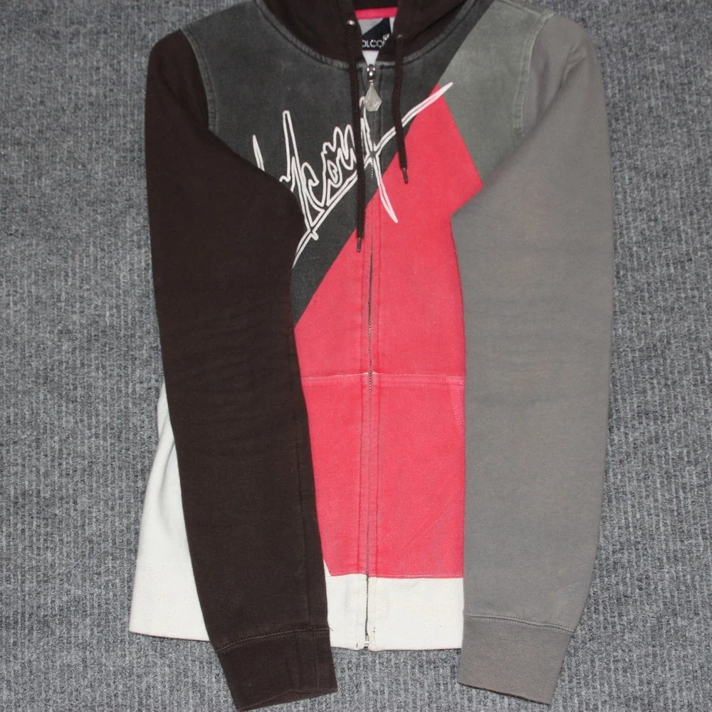 Volcom Color Block Zip Up Hoodie Sweatshirt Kids Medium‎ M Brown Gray Red White